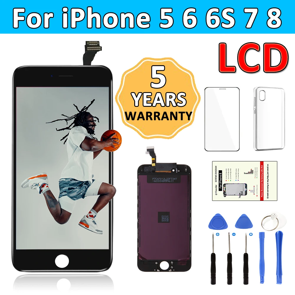 LCD For iPhone 6 6S 7 8 Plus 5 5S 6P 6SP 7P 8P Screen Full Display Replacement Kit with Touch Digitizer Assembly+Tools+TPU Case