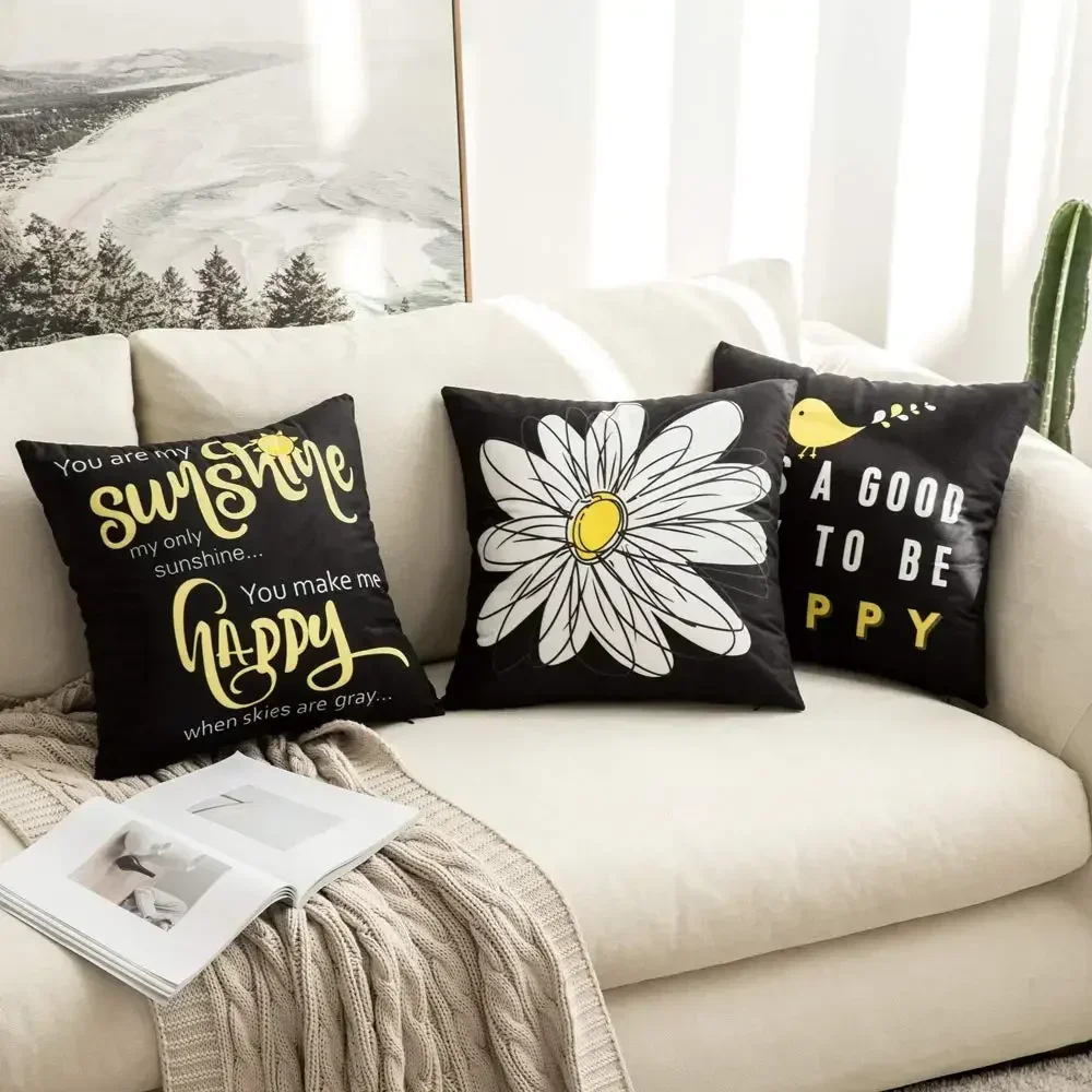 Daisy You Are My Sun Happy Bird Black Pillowcase 40*40 Living Room Sofa Decoration Cushion Cover 60*60 Home Decoration 50*50