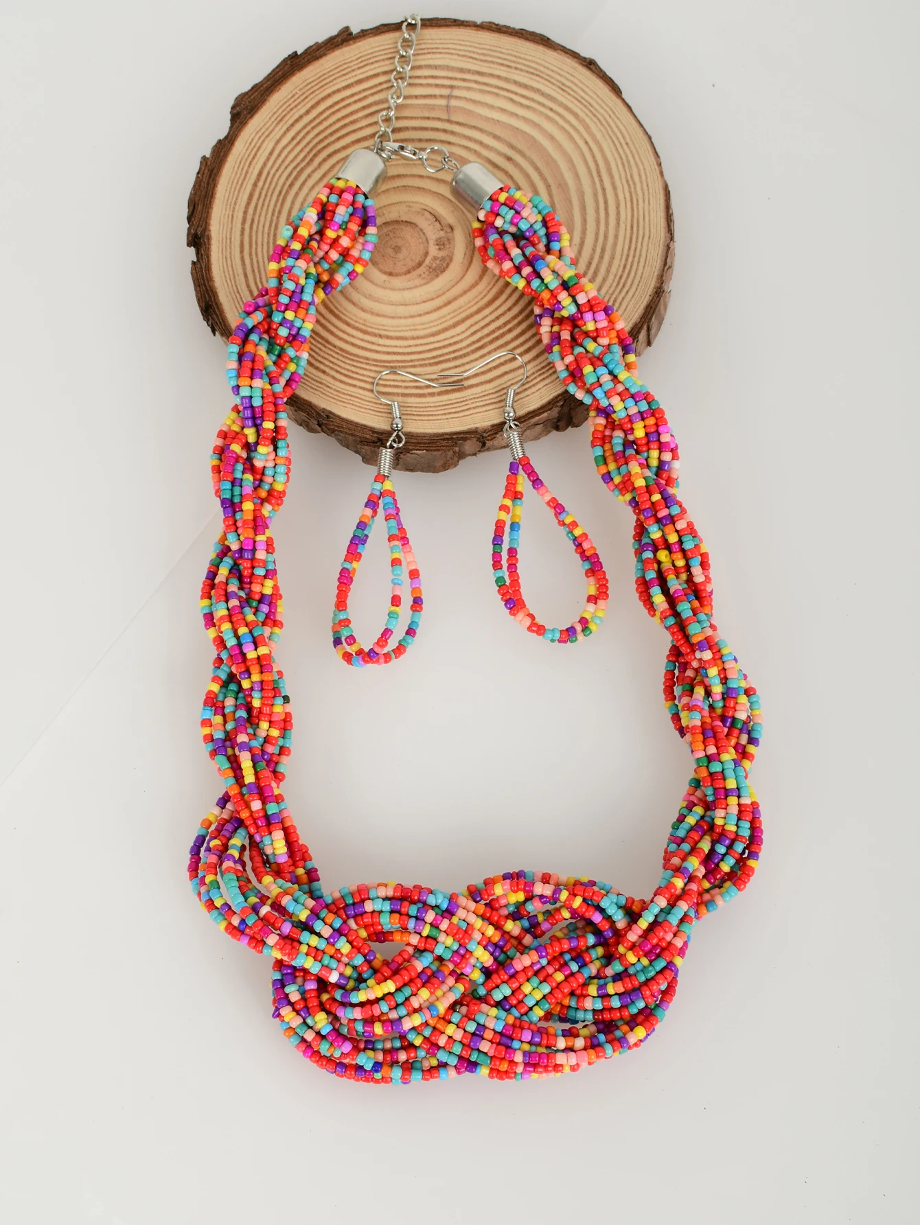 3-piece set of European and American fashion colorful multi-layer rice bead handmade woven necklace earrings set Bohemian style