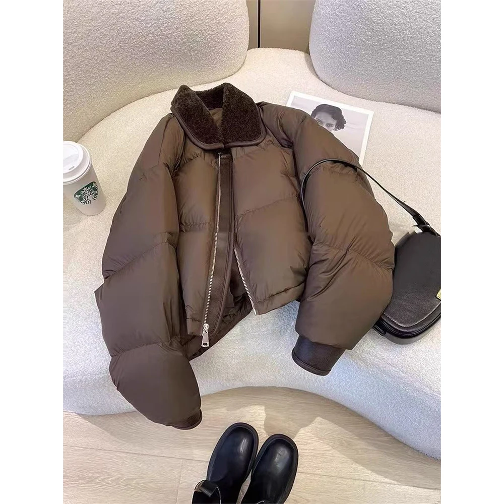 Women's Brown Cropped Parka Jacket Coat Long Sleeve Outerwear Thicken Warm Overcoat Harajuku Padded Jacket Vintage Winter 2025