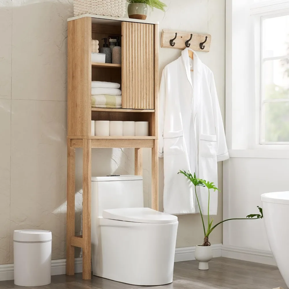 The Toilet Storage Cabinet with Fluted Sliding Door, Wood Space Saver w/Faux Marble Top & Adjustable Shelf