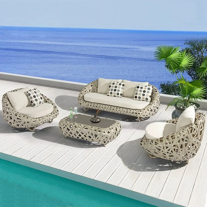 Outdoor courtyard rattan sofa combination Nordic living room terrace sunshine room swimming pool double rattan sofa furniture