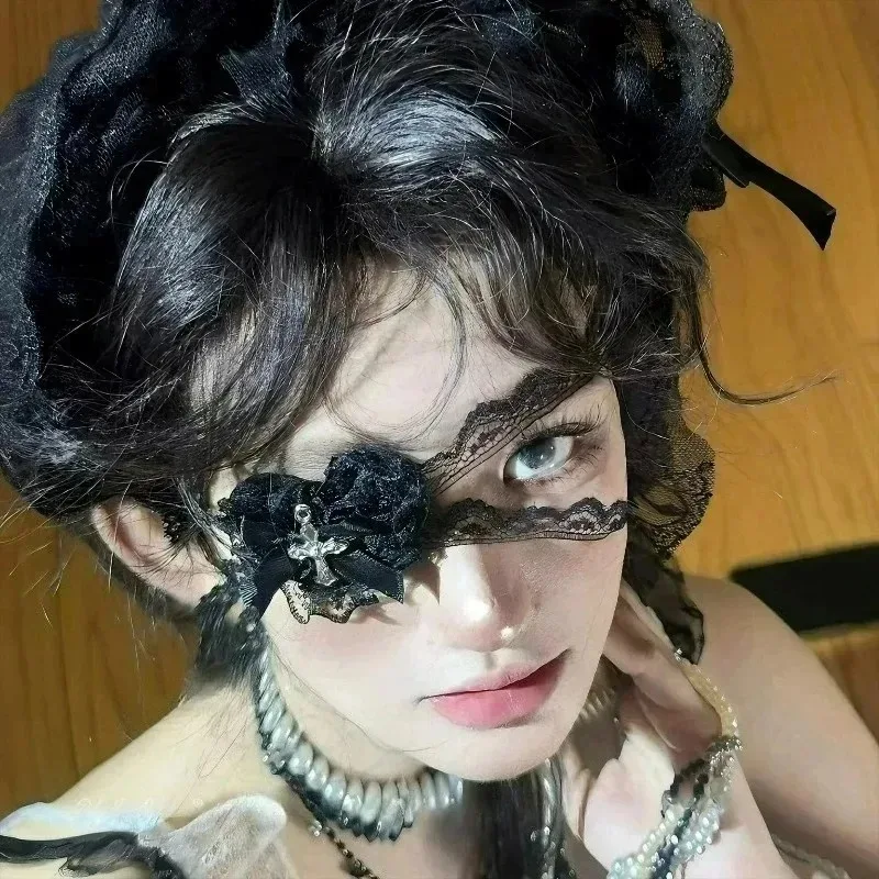 2026 جديد القوطية الصليب الدانتيل قناع عين Y2K نمط القوس الداكن تصميم هالوين ملابس الحفلات لوليتا تأثيري حفلة تنكرية الإكسسوار #2