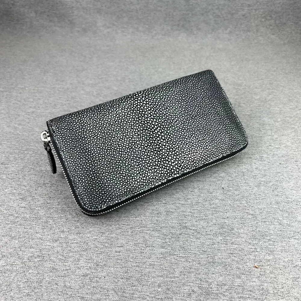 Genuine Unisex Stingray Leather Long Wallet, Exotic Style Leather Clutch for Women, Large Zip Card Holder for Men