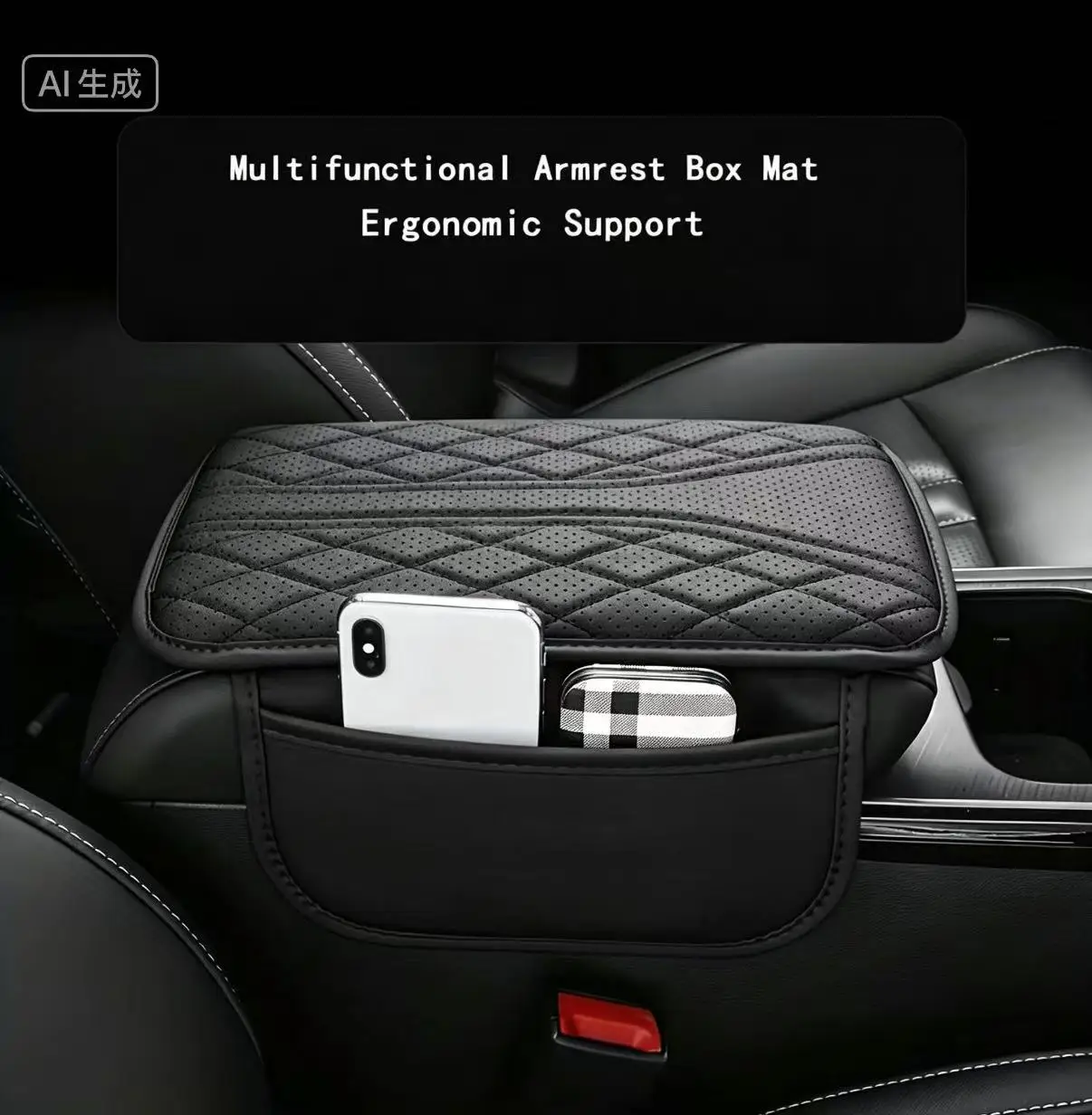 Universal Car Armrest Box Mat, Black PU Leather Armrest Cover with Storage Pocket, Comfortable Elbow Support Cushion for SUV/Tru view 4