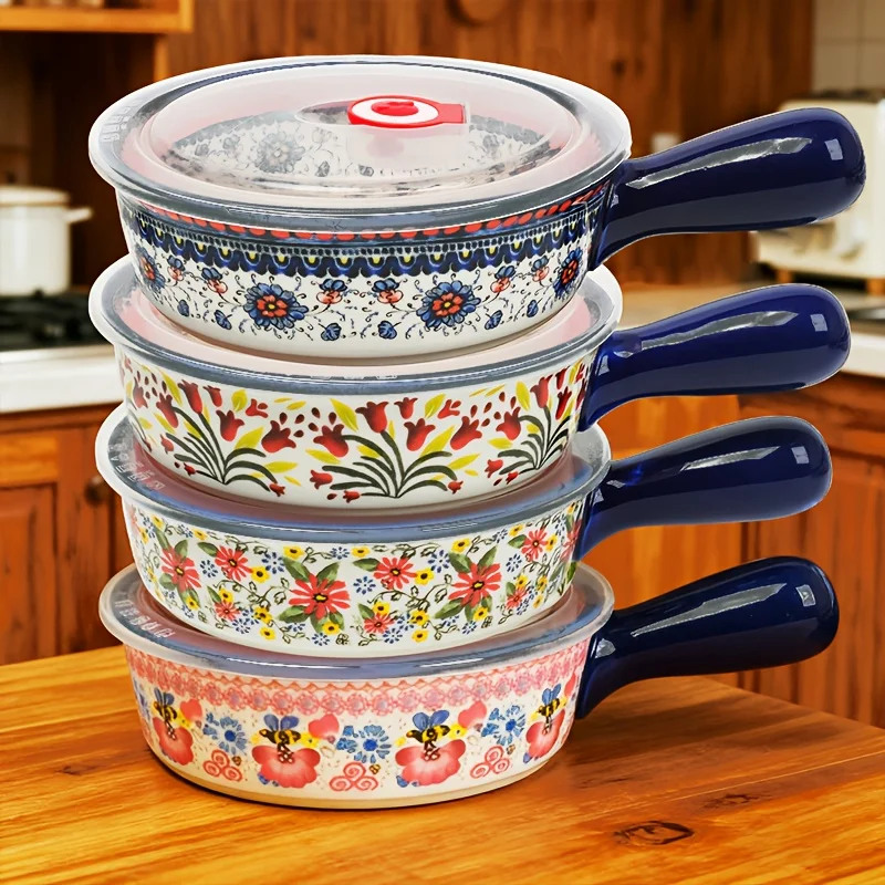 

4pcs Lidded French Onion Soup Bowls With Upgraded Handles | Full-Coverage Bohemian Style | Baking Bowls, Salad Bowls, Food Stora