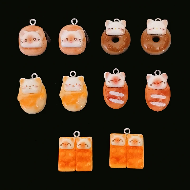 10 قطعة/الحزمة القط شكل دونات الخبز الراتنج السحر لطيف الغذاء القرط قلادة قلادة هريرة المفاتيح صنع المجوهرات DIY الإكسسوارات