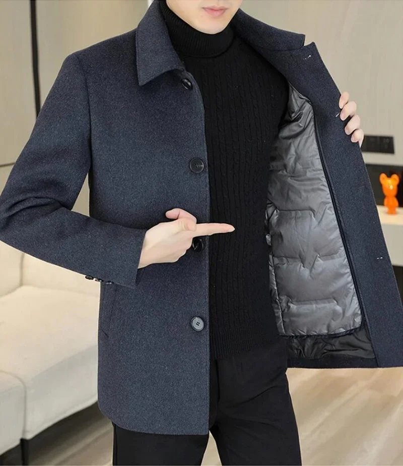 Business Casual Winter Men's Cotton Thicken Overcoat Solid Warm Mid-Length Windbreak Jackets Outwear Woolen Coats Trench