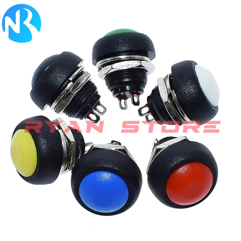 5PCS PBS-33B 2Pin Mini Switch 12mm Waterproof Momentary Push Button Switch PBS 33B Non-locking Red Black White blue Green Yellow