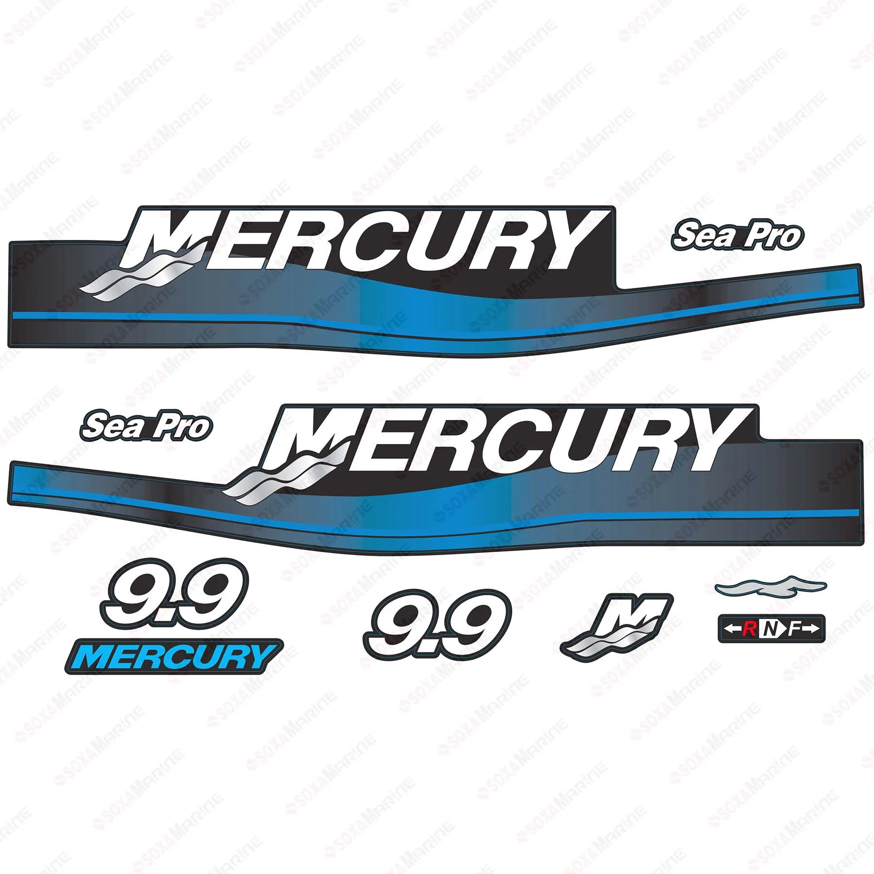 Blue Decal Kit Sticker Set for Mercury 9.9 HP 2 Stroke Sea Pro 1999-2006 Year Outboard Engine Reproduction 12836A00 37-12836A94