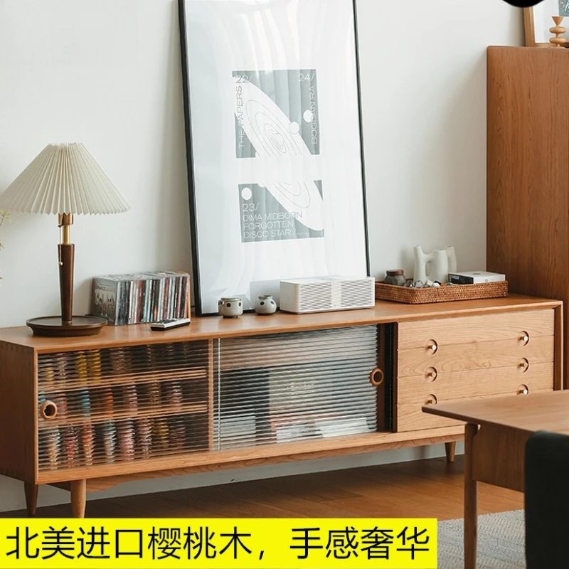 

Тумба под телевизор в скандинавском японском стиле из массива вишни с раздвижными дверцами, съемной задней панелью, для гостиной