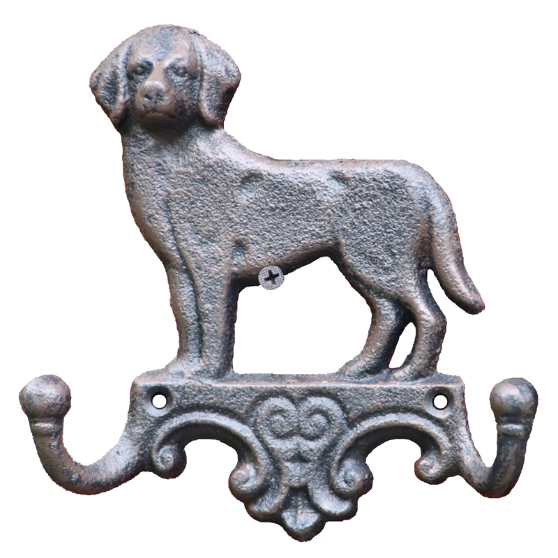 European Antique Brown Cat Dog Cast Iron Wall Hook With Two Hangers For Home Garden Decorations Key Chains Tools Cloths Hat Bag