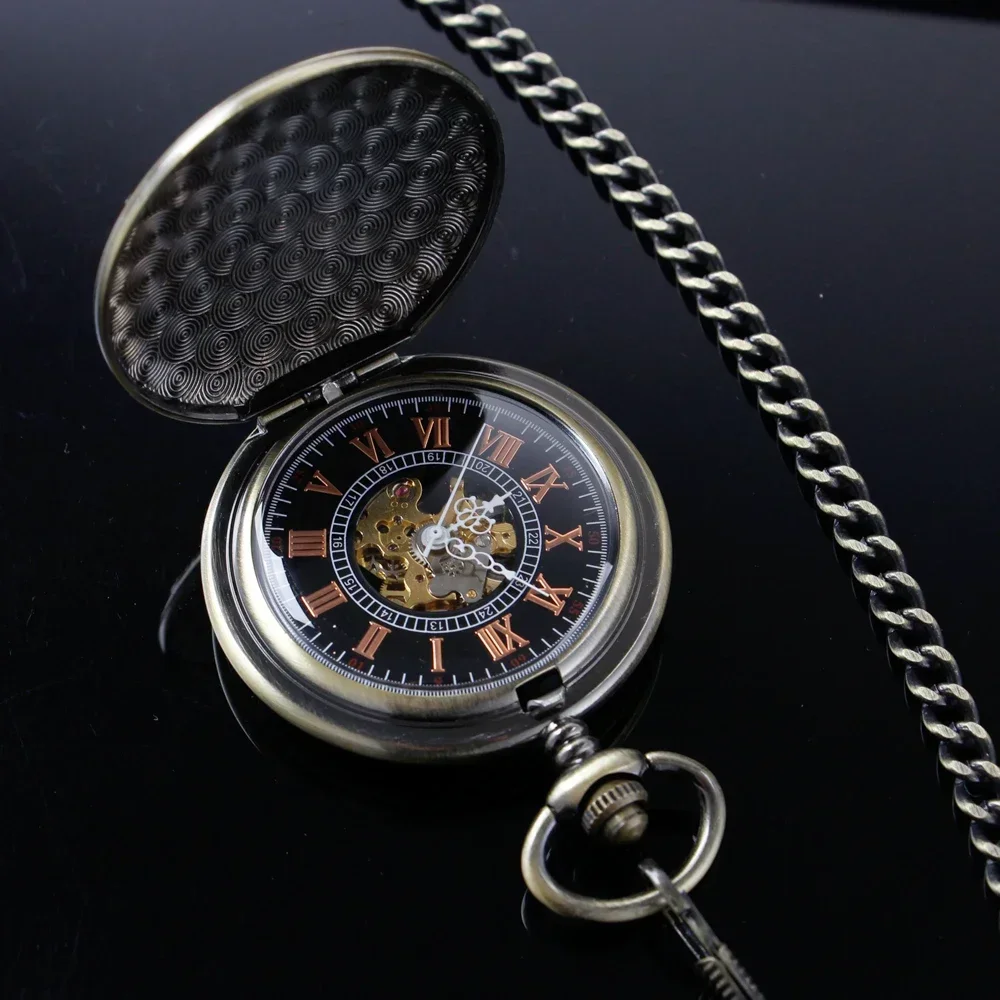 

Retro Mechanical Pocket Watch Red Cross Hand-winding brown Edelweiss Sculpture Hollow Vintage Skeleton Watches Men FOB Chain