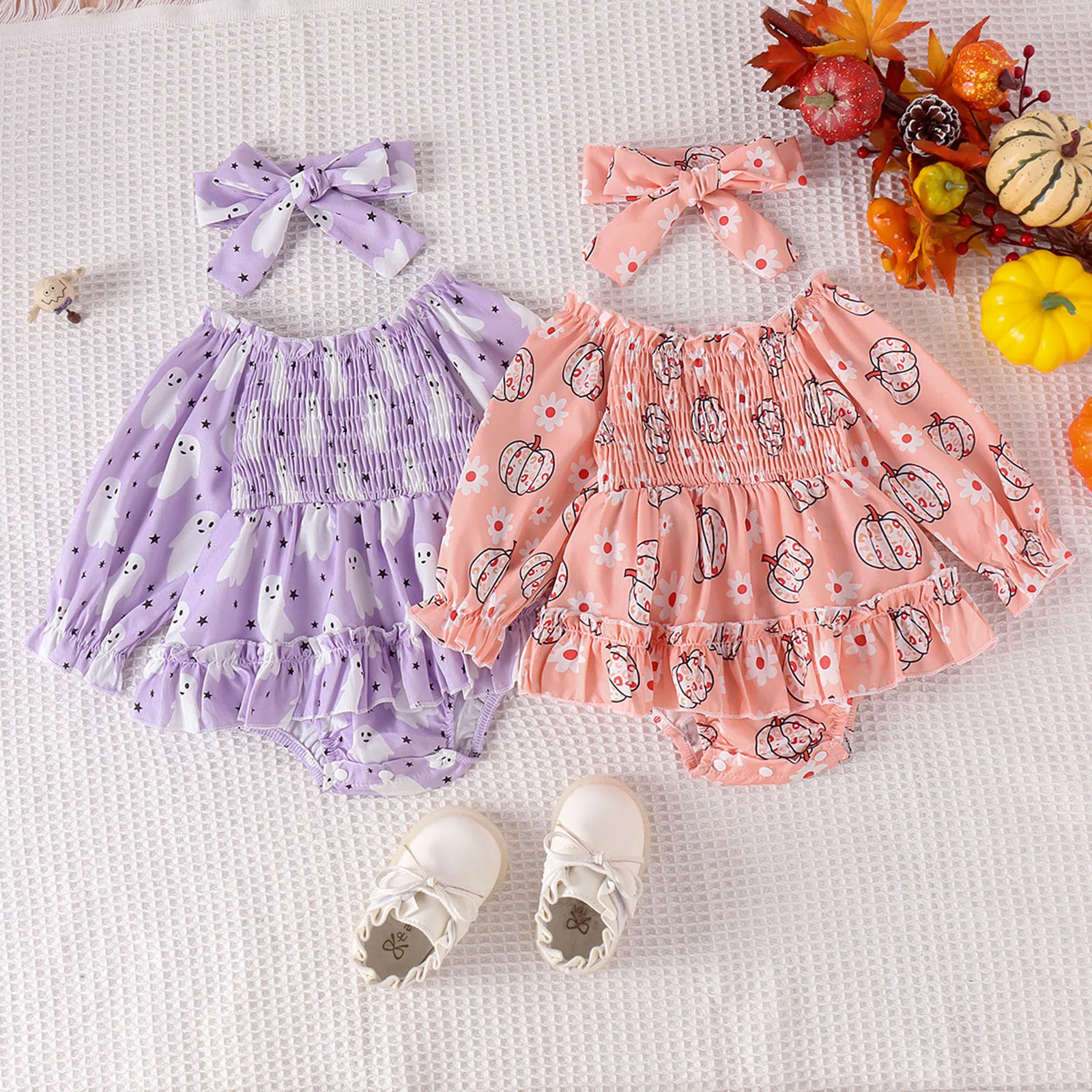 

2pcs Fashion Infant Girls Long Sleeve Halloween Cute Pumpkin Prints Romper Newborn Bodysuits Dress Headbands Baby Girl Outfits