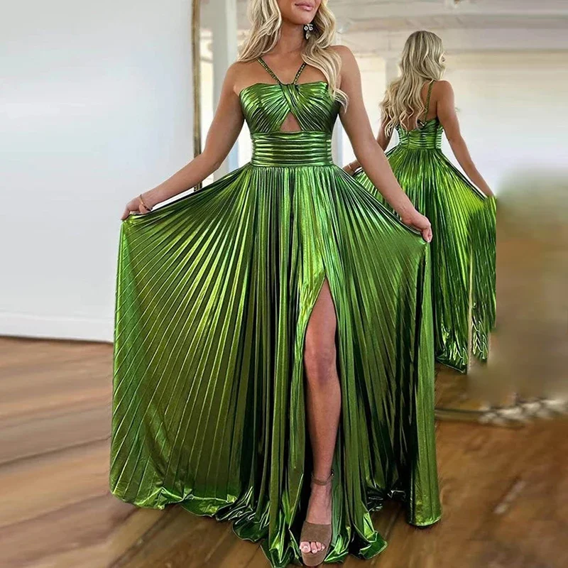 Sexy Hollow Out Backless Pleated Party Evening Dresses Women Elegant Hanging Neck Sleeveless Waist Vent Maxi Dress New Vacation