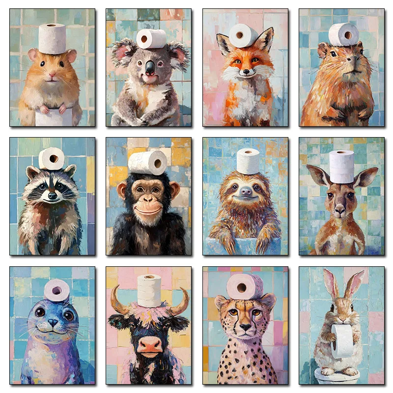 Funny Animal Frog Rabbit Owl Fox Duck Take Toilet Paper Abstract Poster Canvas Paintings Wall Art Pictures For Room Home Deco