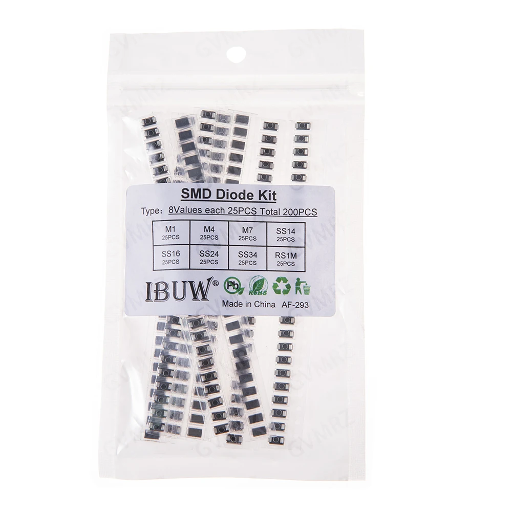 200PCS 8Values SMD Diode Kit M1 M4 M7 SS14 SS16 SS24 SS34 RS1M for Electronic Rectification Projects  SS14 SS16 SS24 M1 M4