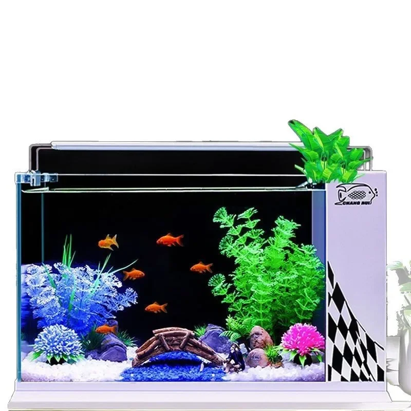 fish tank aquarium, small ultra-white glass in the living room, rectangular office table.