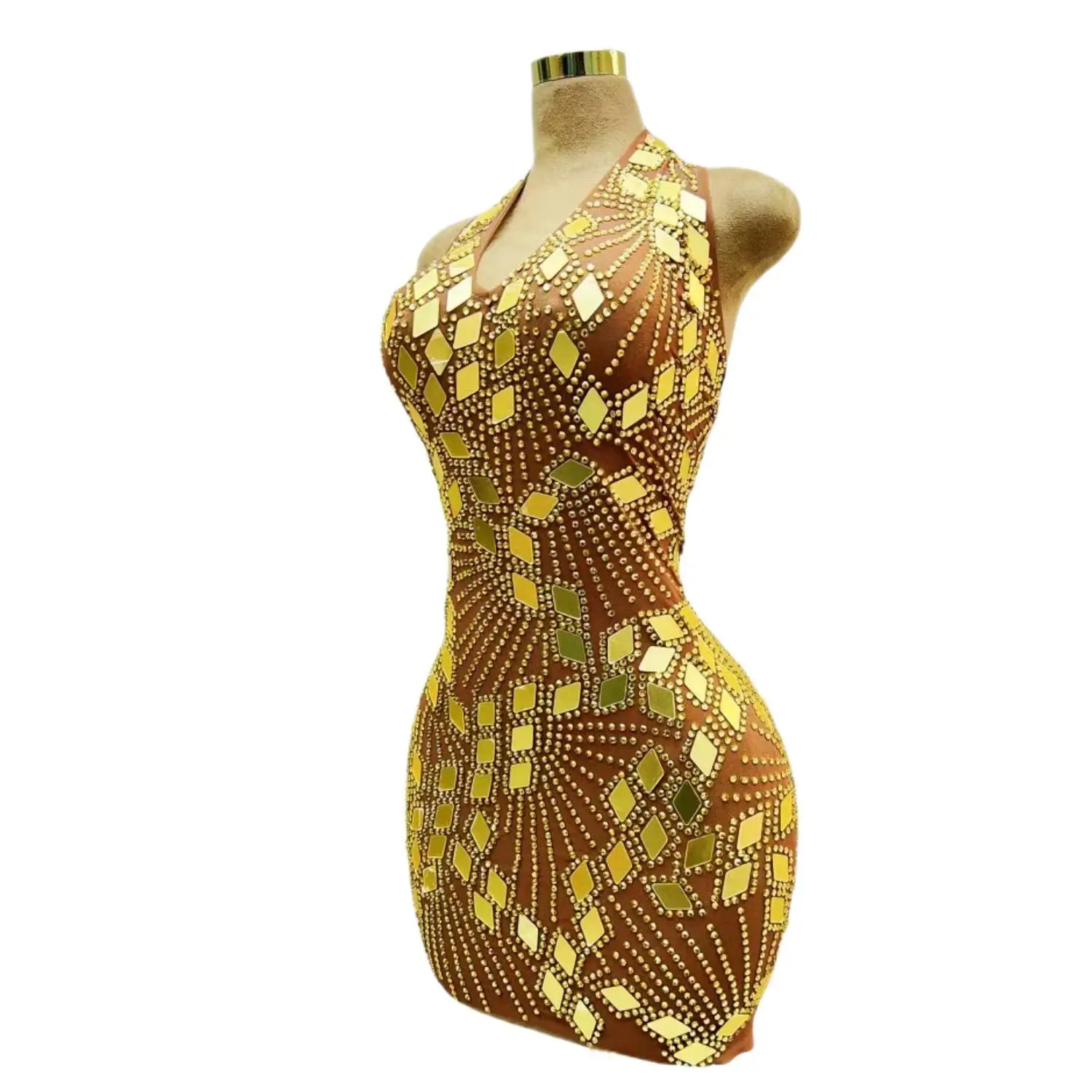 Sexy Gouden Spiegels Backless Jurk Voor Vrouwen Verjaardagsavond Vieren Kostuum Dance Singer Party Rhinetones Jurken 2024 Jihe