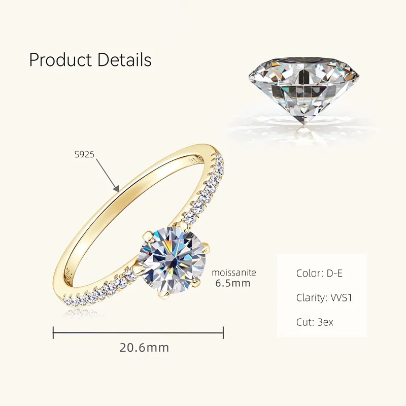 IOGOU D1.00CT 6.5MM Round D Moissanite Diamond Ring for Women 925 Sterling Silver Engagement Party Fine Jewelry Wedding Bands view 6