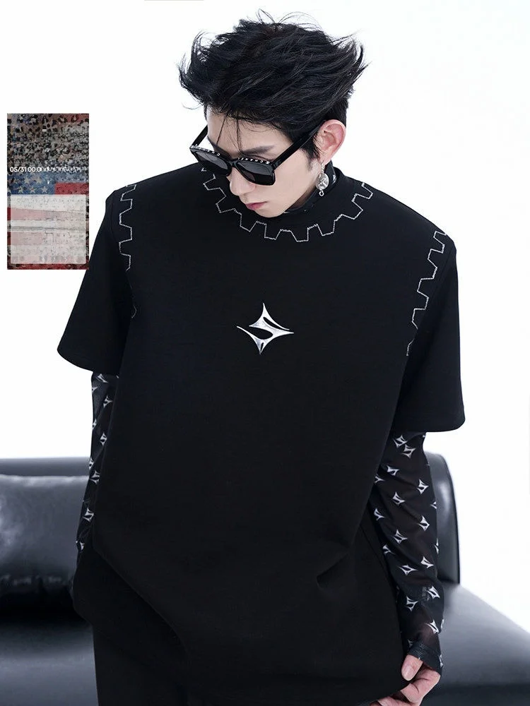 

Heavyweight Structure Design Shoulder Padded Short Sleeve Men's T-shirt American High Street Style Summer Casual Fashion for ...