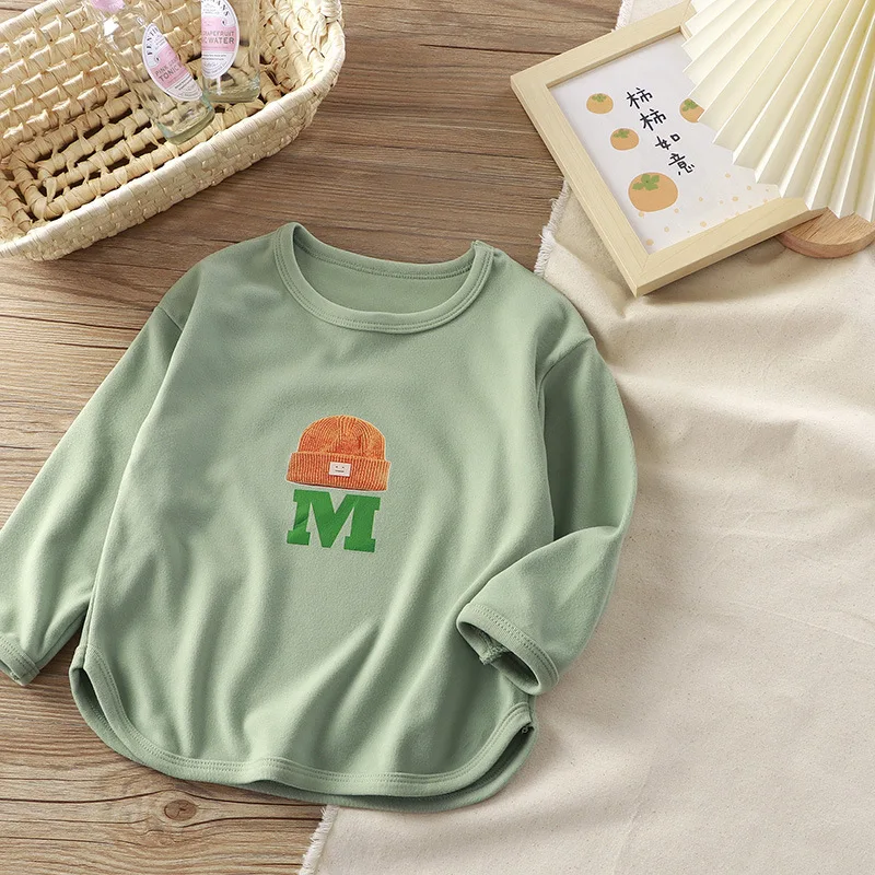 Spring Girls Boys Baby T-shirt Kid 2-6Year Round Neck Long Sleeve T-shirt Hat+Letter M pattern Tops Autumn Children Clothing