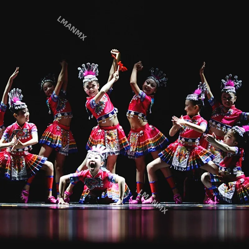 Strój do tańca narodowego w stylu Miao, Yi, Xiao He na Dzień Niepodległości dla dzieci, strój do tańca Dang Pai Start Dang