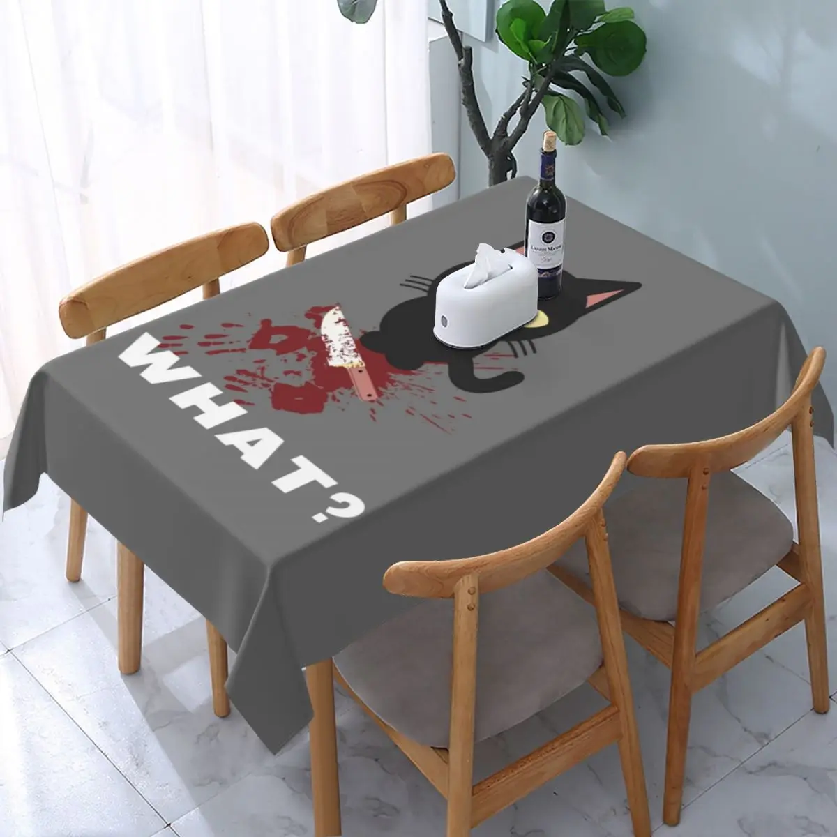 Black Cat What Meme With Knife Tablecloth Rectangular Fitted Waterproof Cartoon Kitten Table Cover Cloth for Banquet