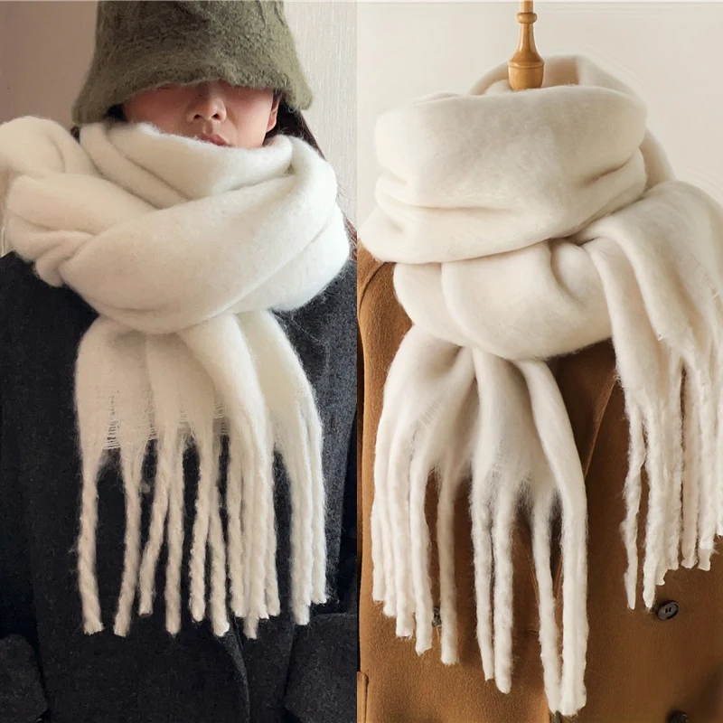 

Solid Color Fluffy Chunky Scarf Imitation Cashmere Soft Cozy Tassel Long Scarf Winter Thickened Warm Coldproof Versatile Scarf