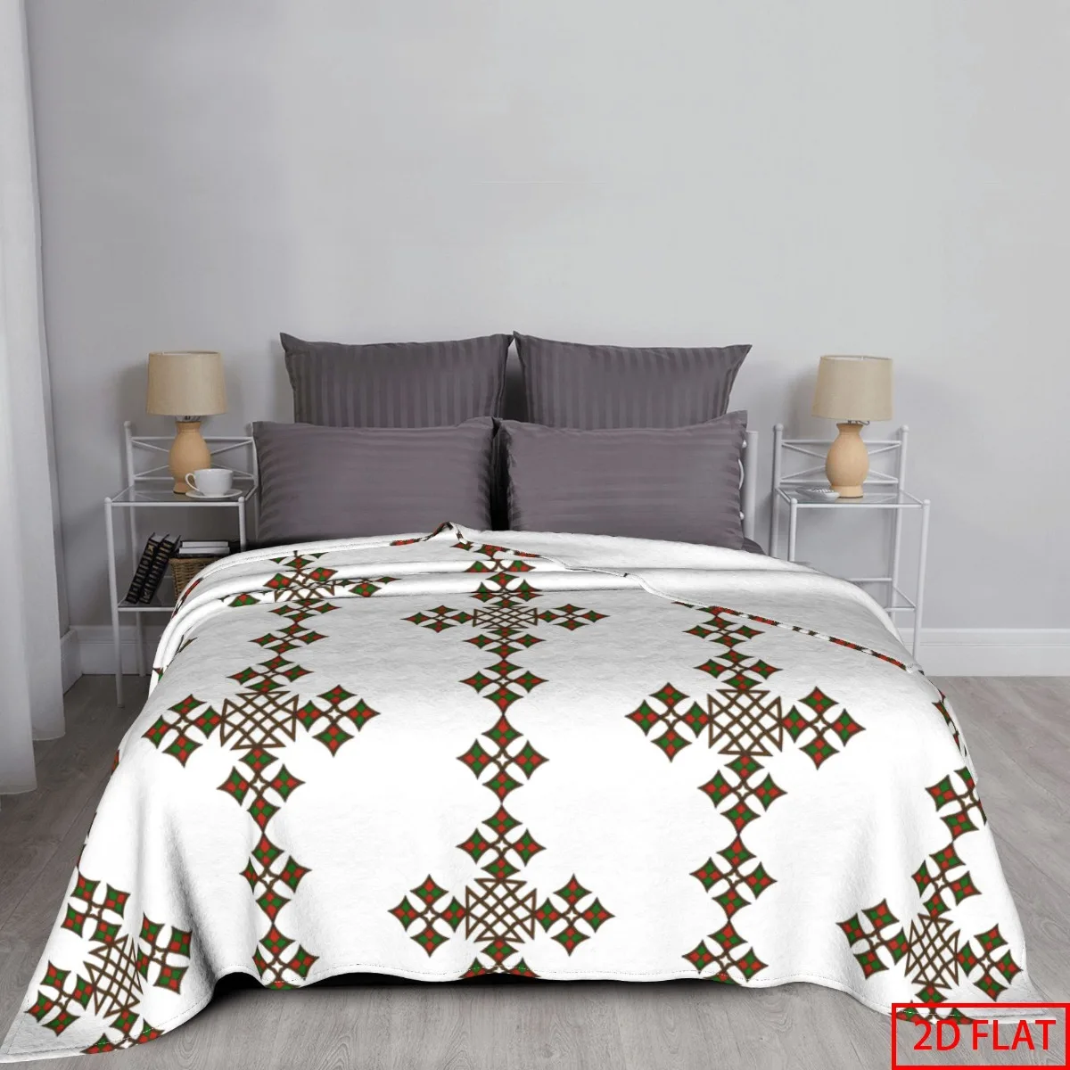 2D Flat Printed 1pc Ethiopian Cross Banket with a Multi-Code Flannel Pattern., 2D Flat