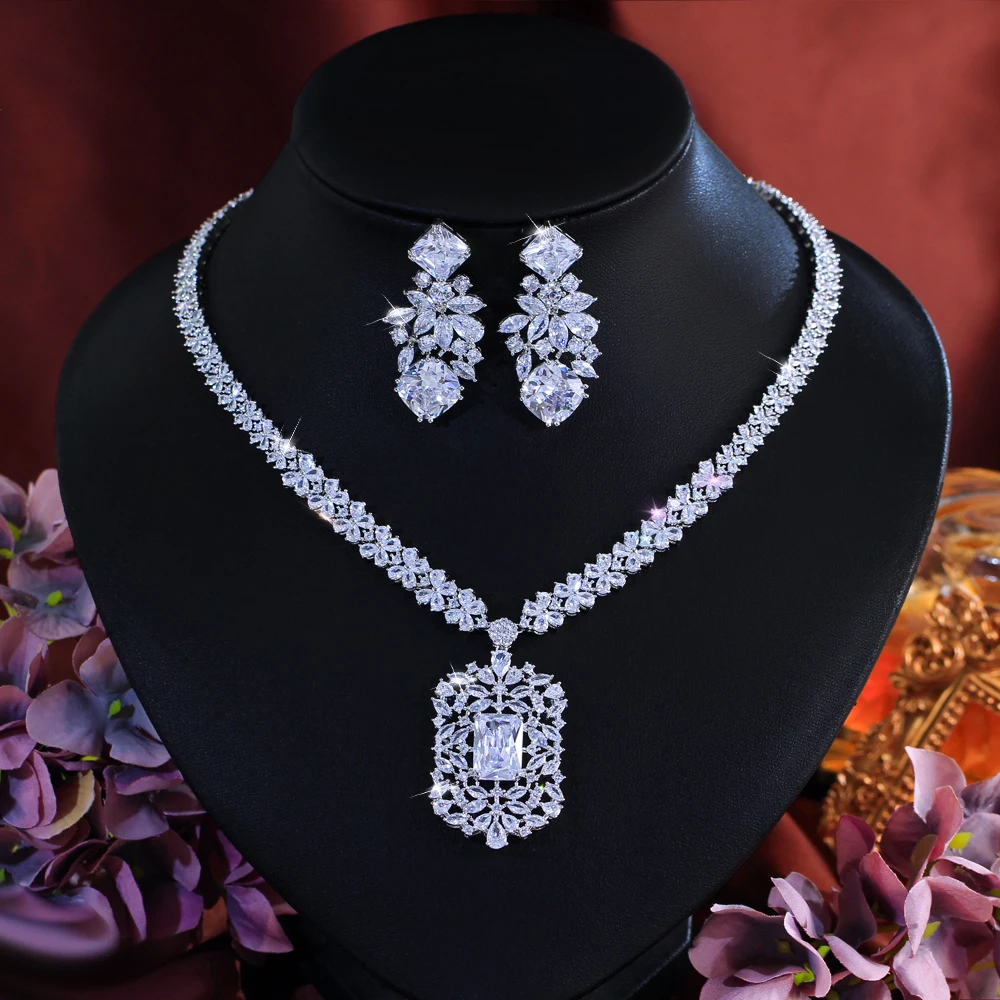 CWWZircons Prachtvolle Dubai Königsblaue Kubische Zirkonia Große Blumen-Braut-Halskette Schmucksets Hochzeitsfeier Damen-Accessoires T0721 – Detail 7