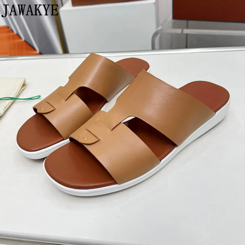 New Brand Flat Slippers Men Real Leather Flat Summer Walking Shoes Male Brown Platform Shoes Slide Runway Beach Slippers For Men