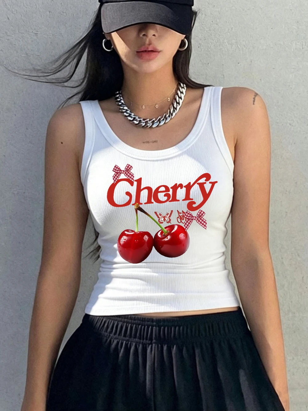 Fresh Cherries And Bows Prints Tank Tops Summer Y2K Womens Ribbed Knit Sleeveless Slim O-Neck Cotton Singlet Sporty Soft Vest