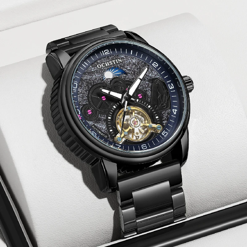 

Автоматические мужские часы OCHSTIN с турбийоном, отображением AM/PM, винтажный ретро-стиль, браслет из нержавеющей стали, механические наручные часы для мужчин