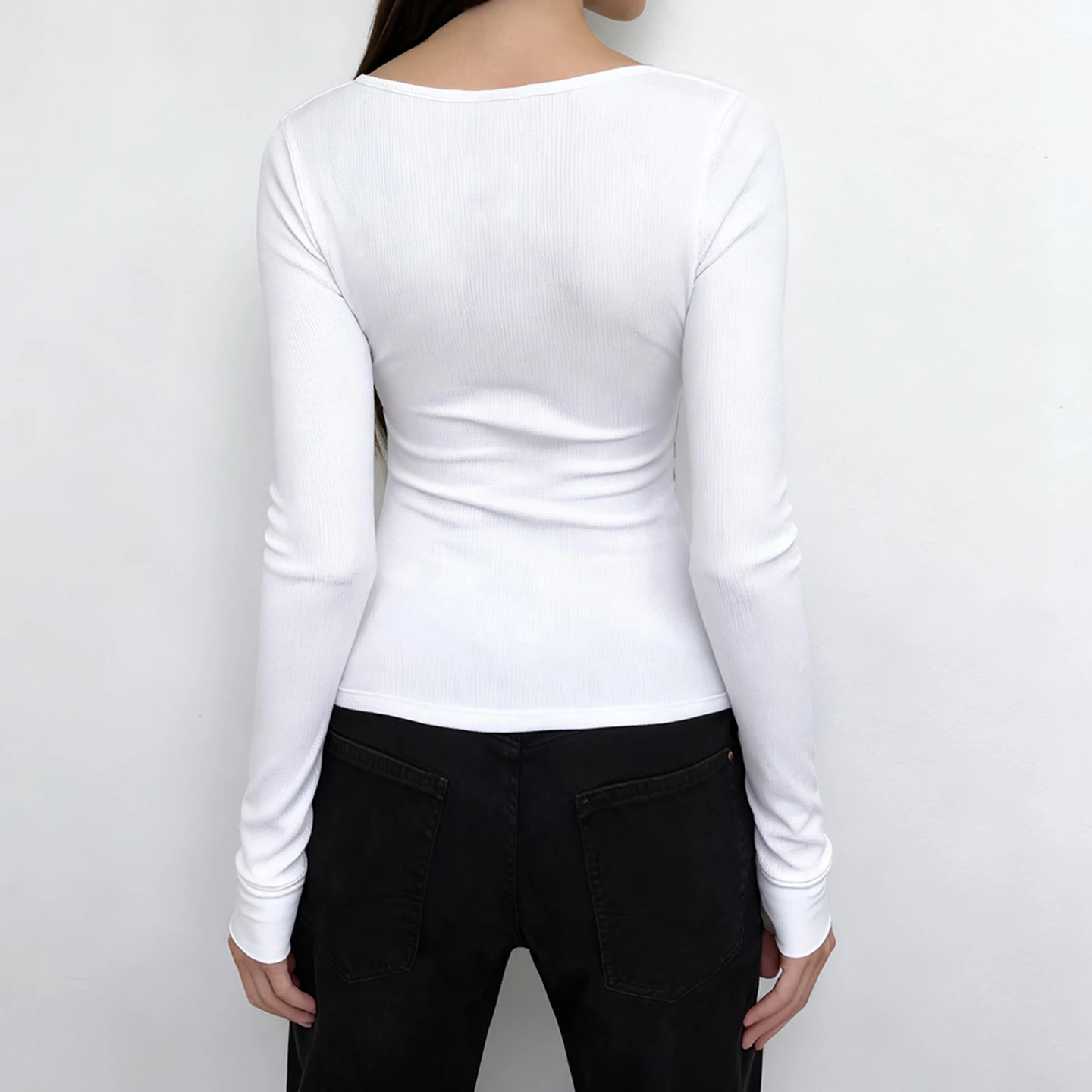 Casual Solide Rippen T-Shirt Grundlegende Quadrat Kragen Langarm T-shirts Frauen 2025, Herbst Frühling Mode Streetwear Damen Schichtung Top