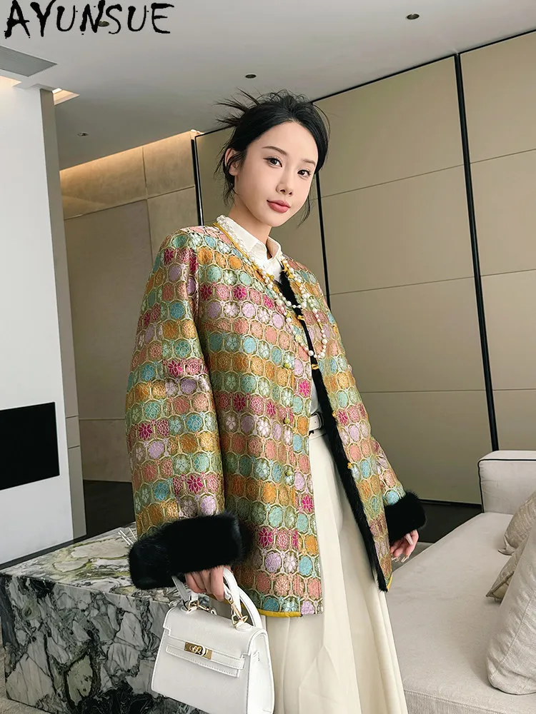 AYUNSUE Natural Mink Fur Coat Women Clothing Winter Jacket Mid-length Whole Mink Womens Coats 100% Real Silk Parka Reversible