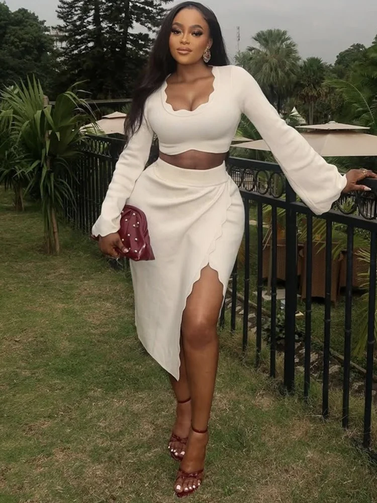 Wmstar Set da due pezzi da donna Stock all'ingrosso Cross Border 2025 Autunno Nuovo stile fresco manica svasata sottile tinta unita abito con spacco