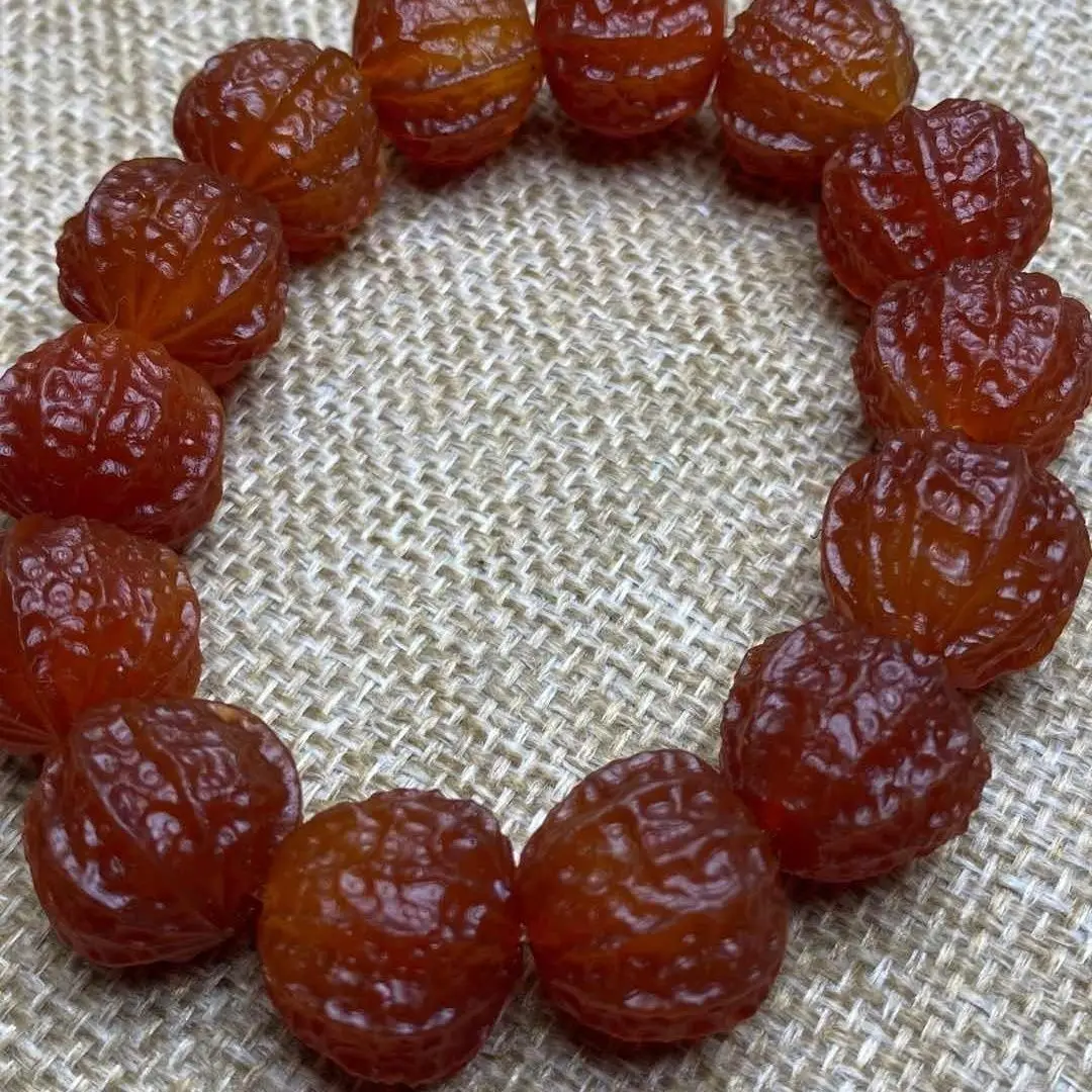 Chinese Style Lucky Fortune Blessing Natural Red Agate Exquisitely Carved Walnut Shape Beaded Bracelet Unisex Wealth Attract Tra