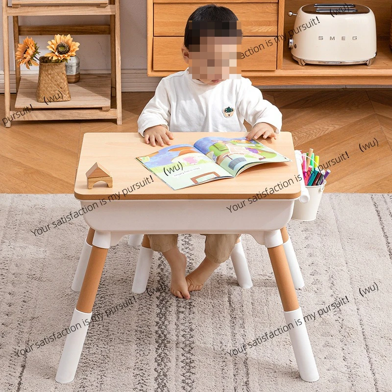 Fun multi-function lifting table and chair home learning painting game table wooden primary school student learning square table