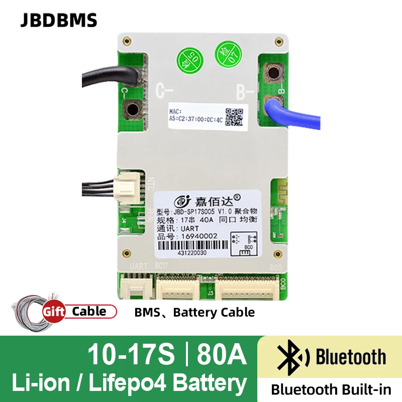 

JBD Bluetooth Smart BMS 10S to 17S 12S 13S 14S 15S 16S Lithium Battery Protection Board 36V 48V NMC LFP 80A ForLithium Battery