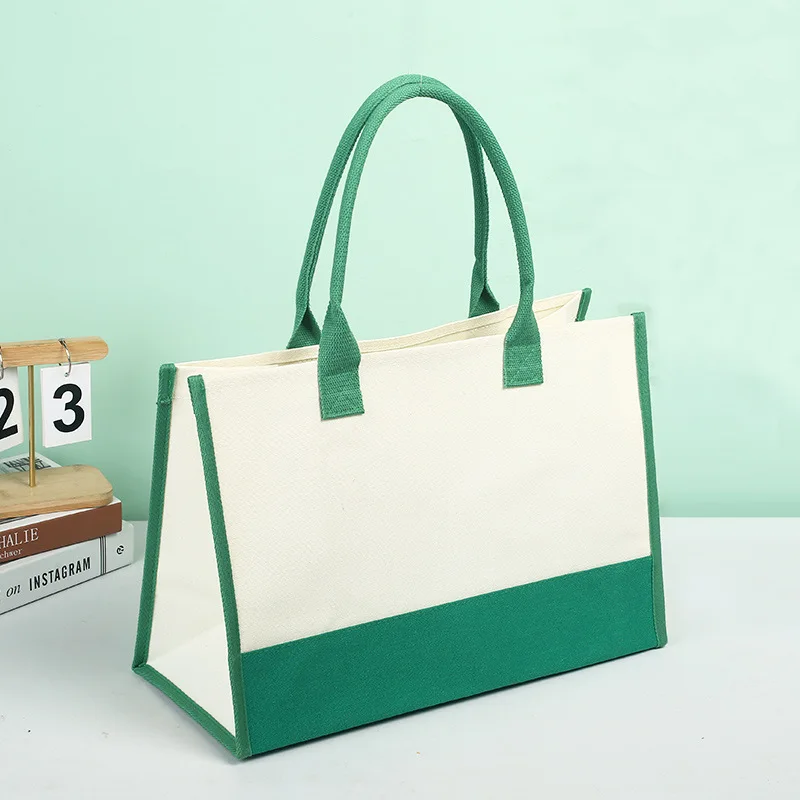 Custom Printed LOGO Text Picture Color Blocking Canvas Bag Ladies Thickened Linen Hand-held Large Capacity Shopping Bags