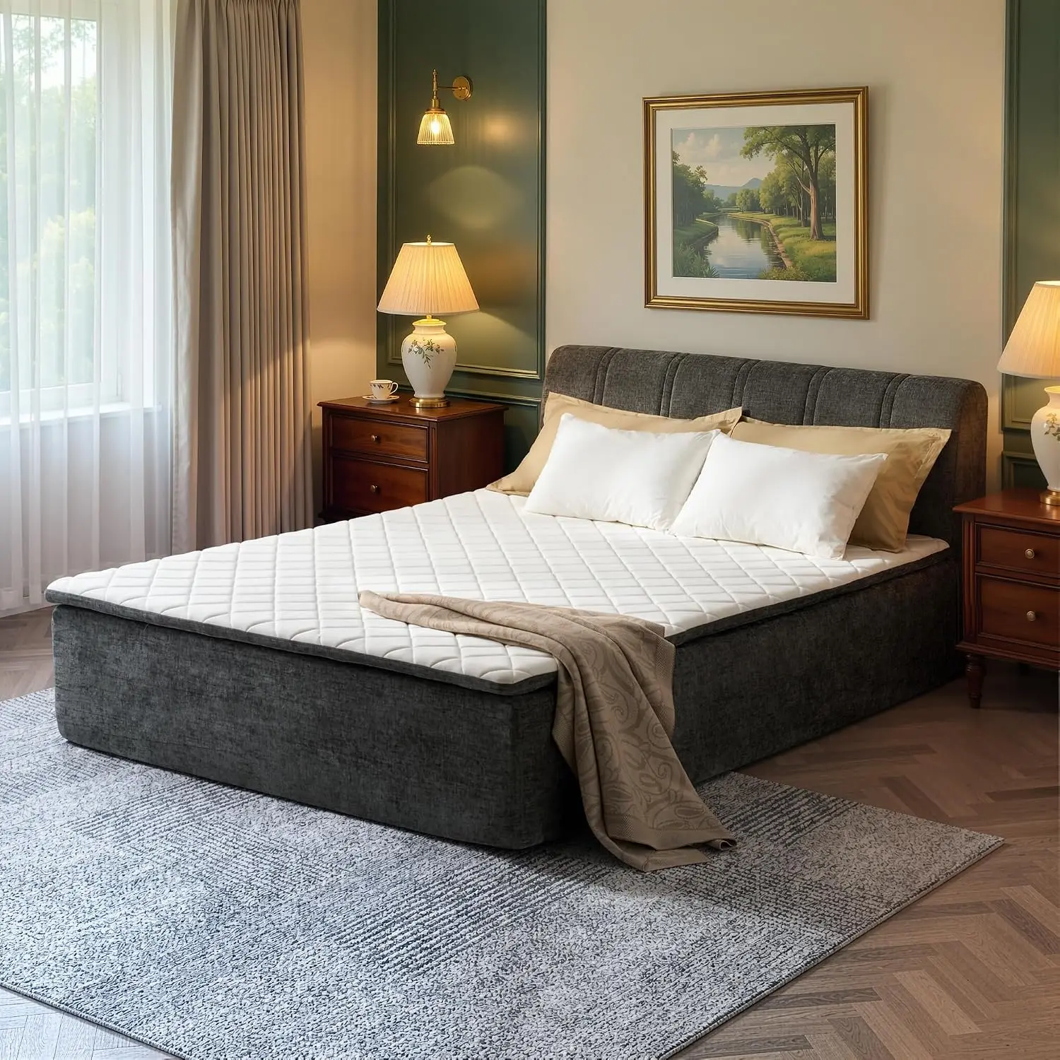 Queen Boneless Bed Frame Headboard Mattress Set Grey, Customized
