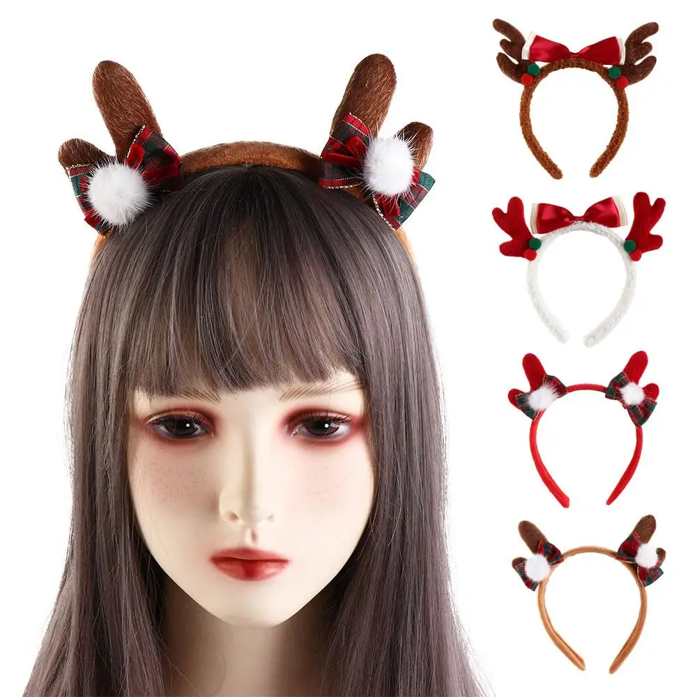 

Gift Plush Bowknot Hair Hoop Elk Head Wrap Christmas Hairband Korean Style Photo Props Christmas Headband Party
