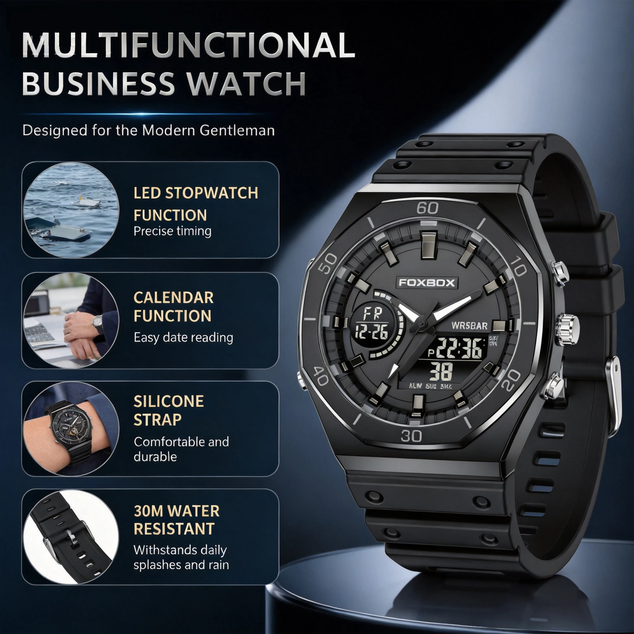 FOXBOX Neue Dual-Display-Uhren für Herren, lässige Sport-Chronographen-Quarzuhr mit großem Zifferblatt, Silikon-Armbanduhr, wasserdicht, digitale Uhr