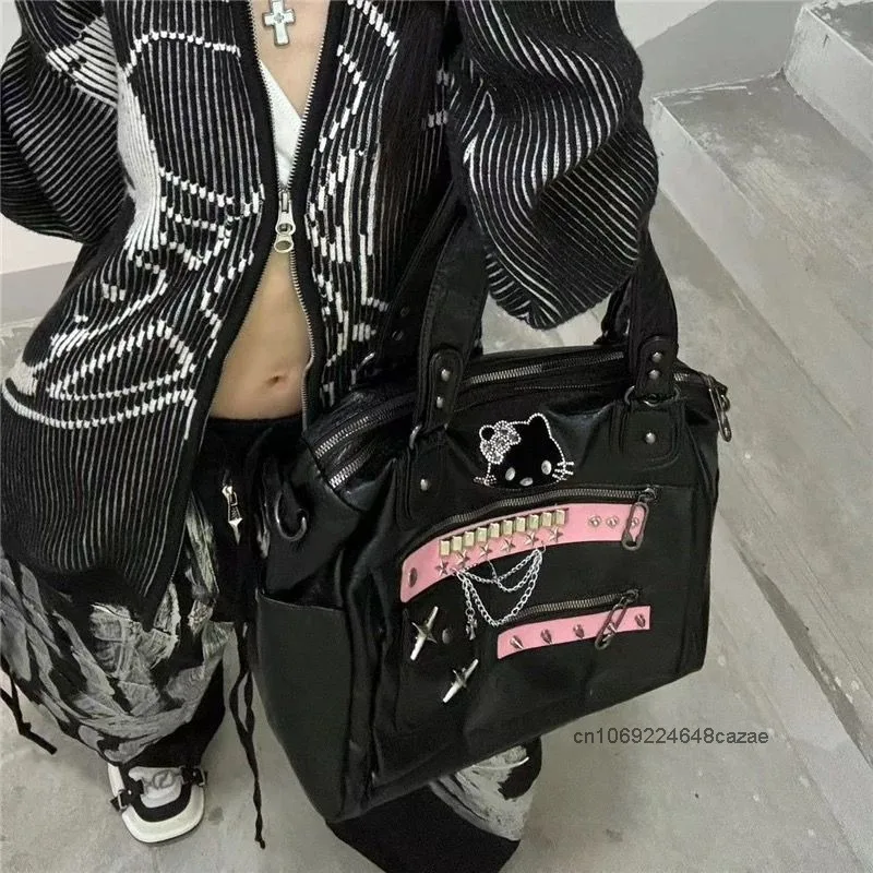 Sanrio Hello Kitty Cute Cool Design Tote Bag Y2K Style Large Capacity Fashion Handbag Gothic Spicy Girl Trend Versatile Tote Bag