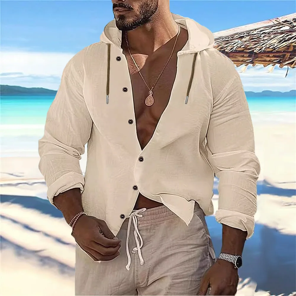 Men's Cotton Shirts Vacation Hawaiian Beach Style Tops Long Sleeve Casual Hooded Lightweight Shirt Breathable Tops