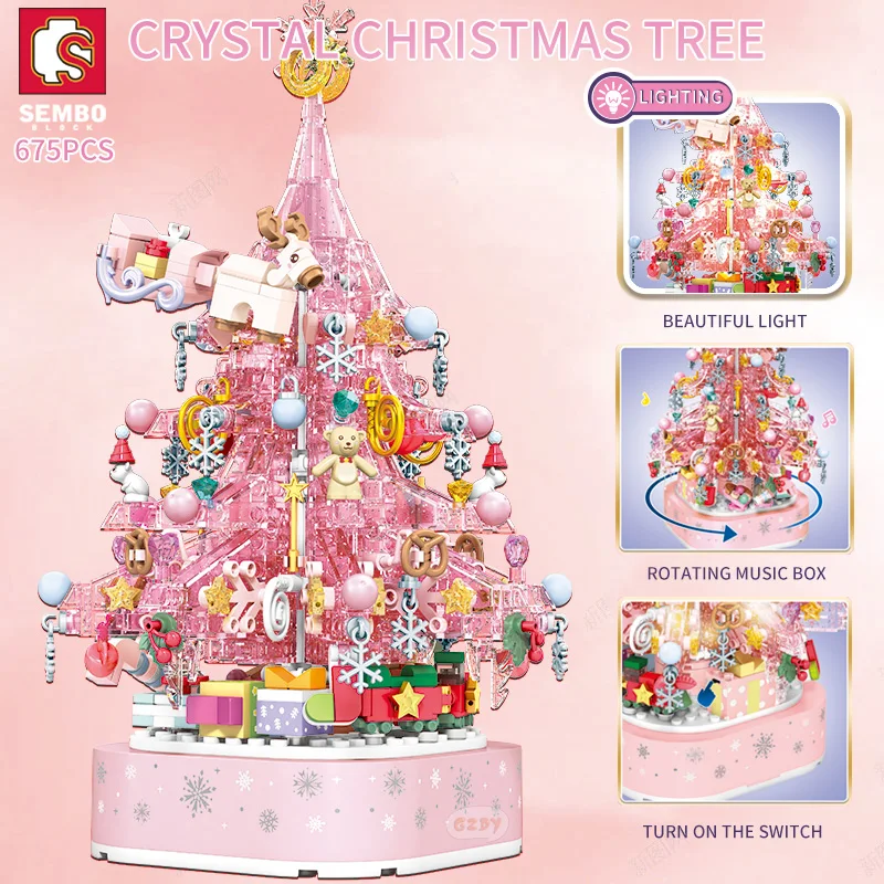 SEMBO BLOCK Valentine's Day  Blocks Music Box With Light Pink Tree Anime Model Building Kit Valentine's Gifts Kids Toys