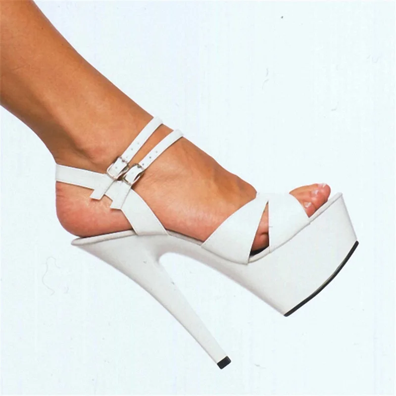 Summer Red Silver Double Ankle Strap Clear Platform Sandals Cross Strap 15Cm Crystal High Heels Stage Performance Shoes