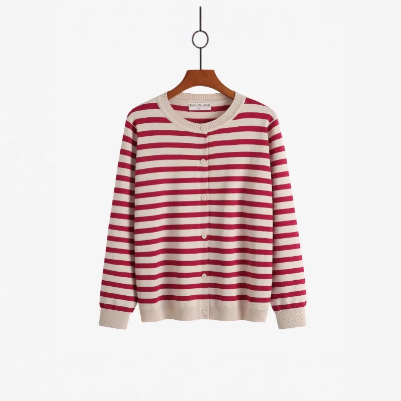 Striped Long Sleeved Knitted Sweater Women's Autumn and Winter New Sweater Loose Small Cardigan Jacket All Match Top