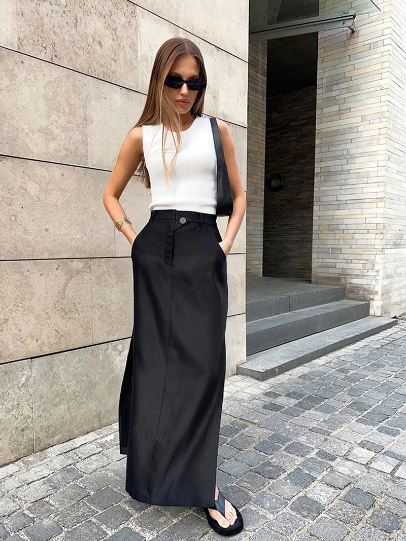 2022 Autumn Winter Women Elegant Maxi Skirts Solid Black High Waist Slit A-line Skirt For Women